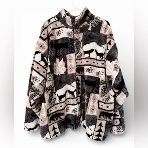 Vintage Black Mountain Jacket Womens 2X All Over Wolf Full Zip High Pile Fleece